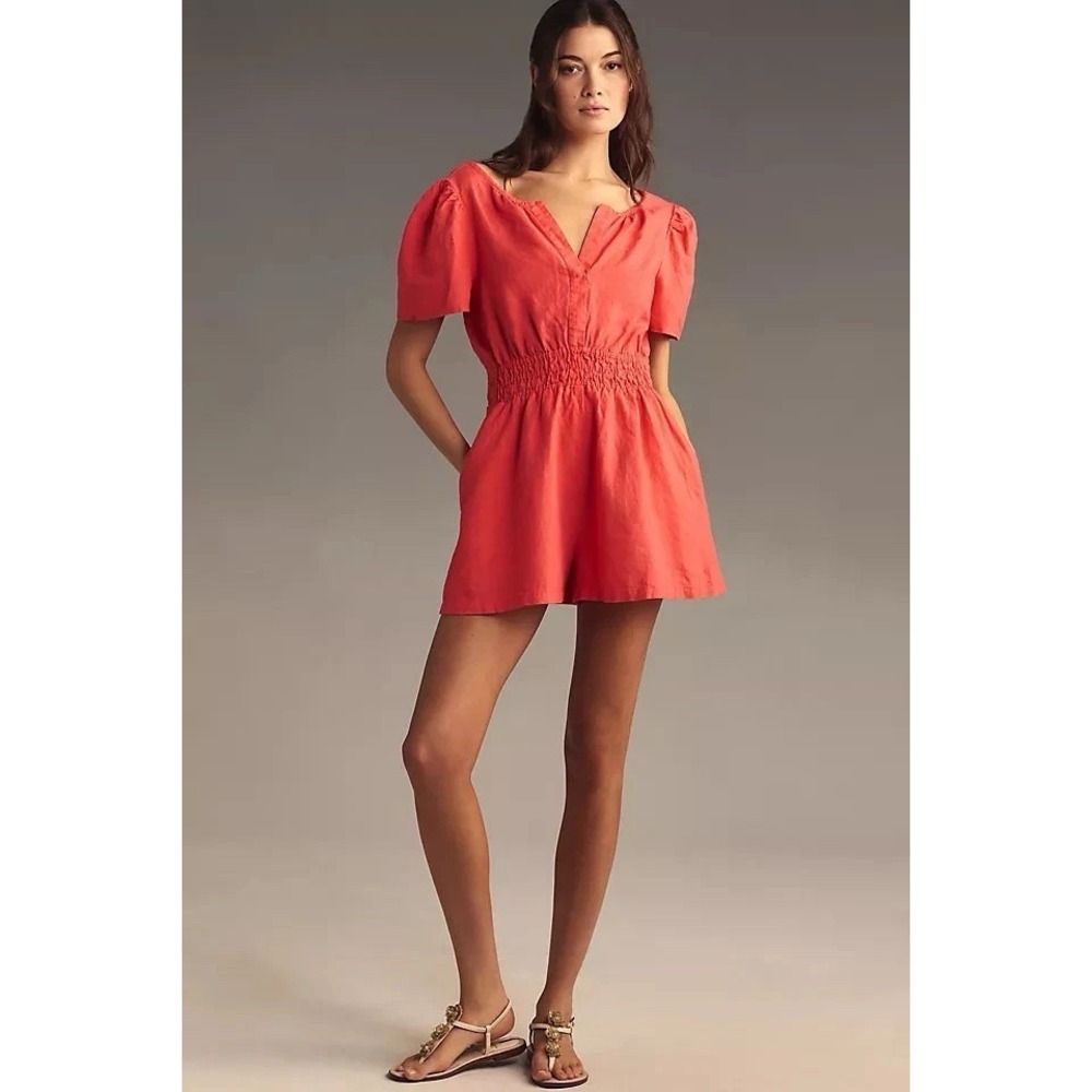 Anthropologie Somerset Coral Linen Romper Smocked Waist M